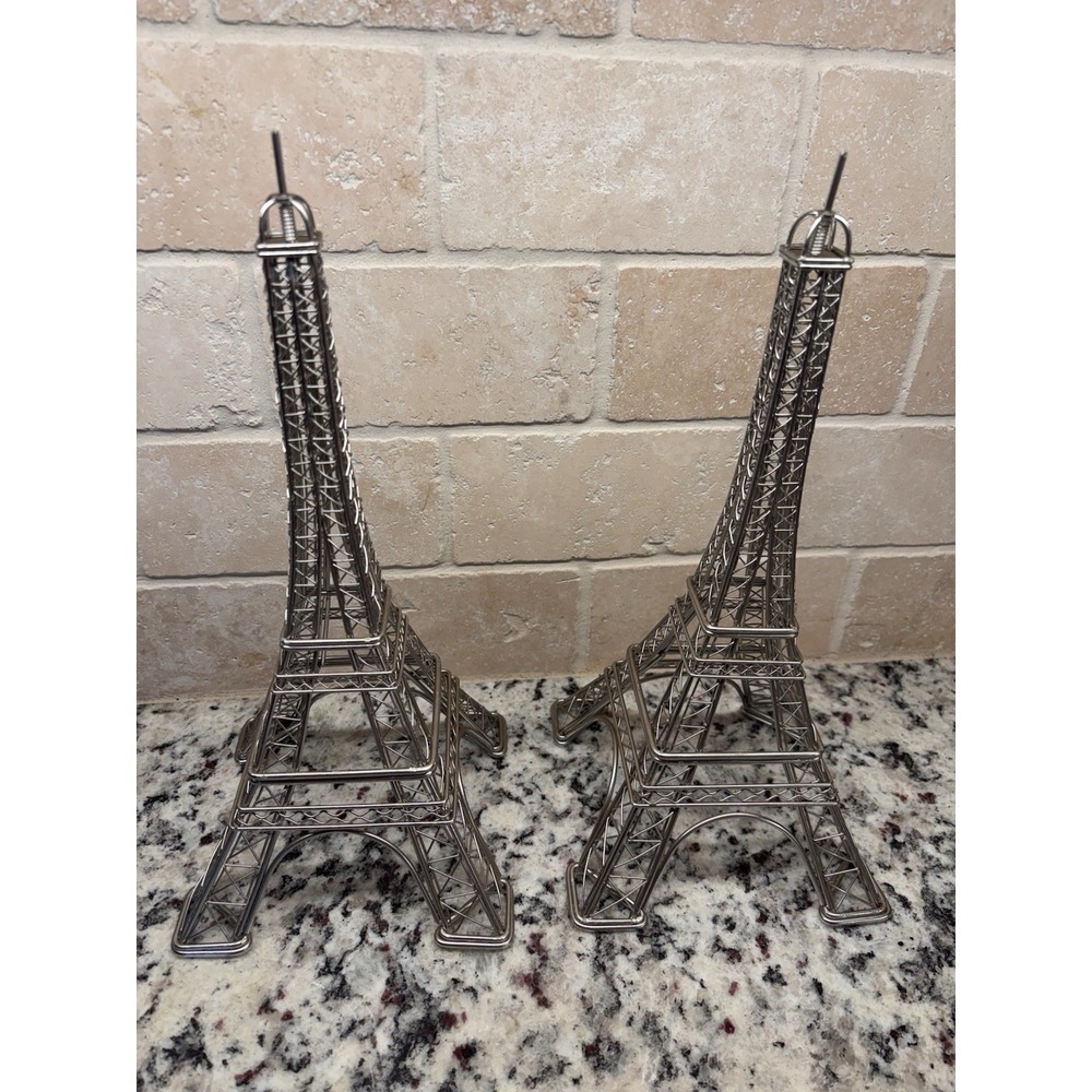 Pair Of 12" Silver Wire Eiffel Tower Sculptures Metal Decor Paris Figurine Set